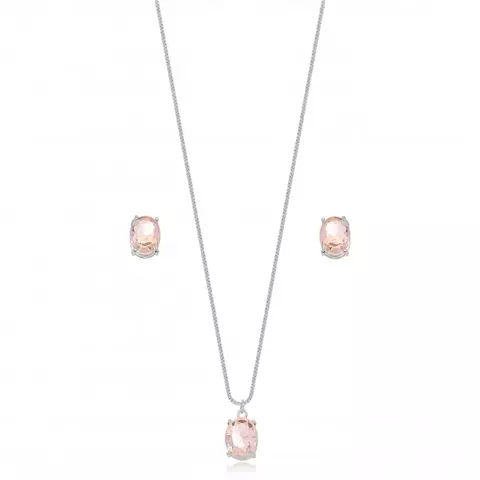 Conjunto Semijoia Oval Rosa Quartzo Ródio Branco