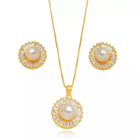 Conjunto Semijoia Pérola Cristais