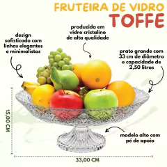 Fruteira De Mesa Toffe Recipiente Organizador De Frutas Centro de Mesa Vidro Cristalino Incolor Gourmet Decorado Alta Com Pé 33 cm Em Casa Tem - Donna Casa