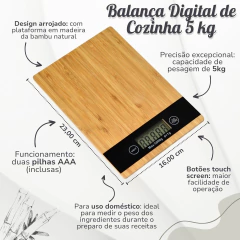 Balança Digital De Cozinha Multifuncional 5kg Com Tampo de Bambu Balança Doméstica Retangular Fitness Confeitaria e Culinária Visor LCD Grande Cim - loja online