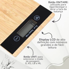 Imagem do Balança Digital De Cozinha Multifuncional 5kg Com Tampo de Bambu Balança Doméstica Retangular Fitness Confeitaria e Culinária Visor LCD Grande Cim