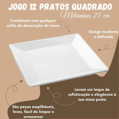 Kit 12 Pratos Quadrado de Melamina Branco Jogo de 12 Pratos Rasos De Plástico Para Refeições Conjunto De Pratos 25 cm Para Buffet Restaurante Bestfer - loja online