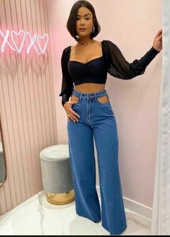 Calça jeans wide leg cintura vasada - Wislee Clothing