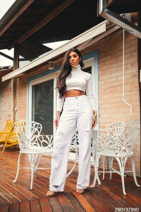 CALÇA FEMININA WIDE LEG BRANCA RASGADA 29013