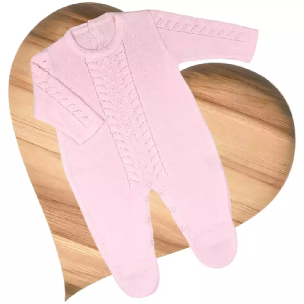 Macacão Tricô Bebê Pompom Rosa