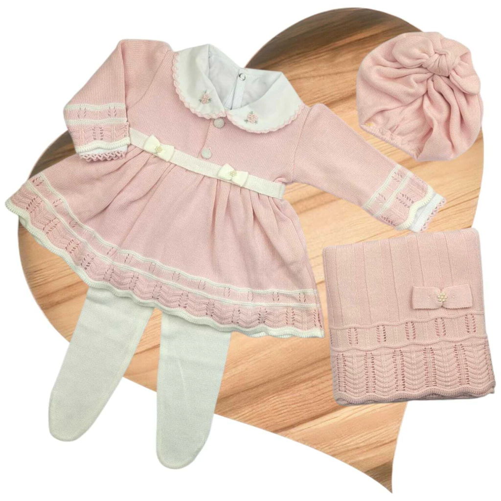 Saída Maternidade Vestido Tricô Bebê Laço Rosa/Branco