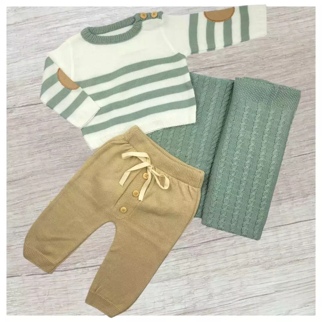 CONJUNTO SAÍDA MATERNIDADE TRICÔ COTUVELEIRA