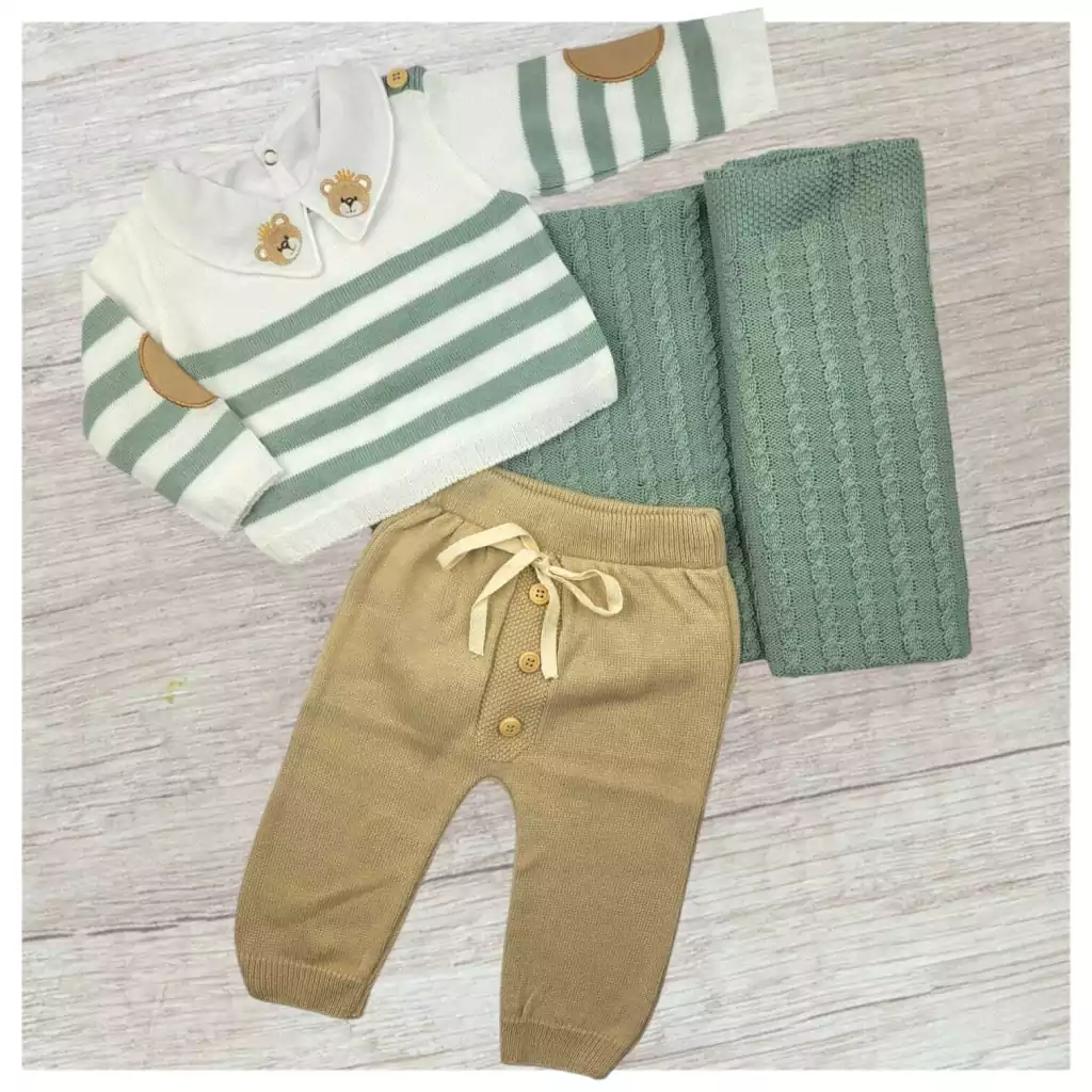SAÍDA MATERNIDADE CONJUNTO TRICÔ COTUVELEIRA KIT3
