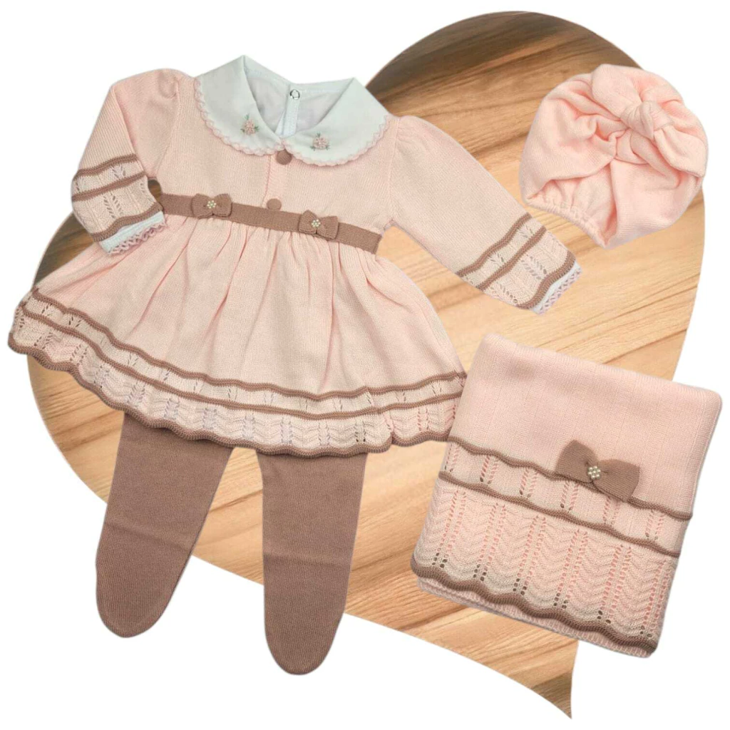 Saída Maternidade Vestido Tricô Bebê Laço Rosa/Rosê