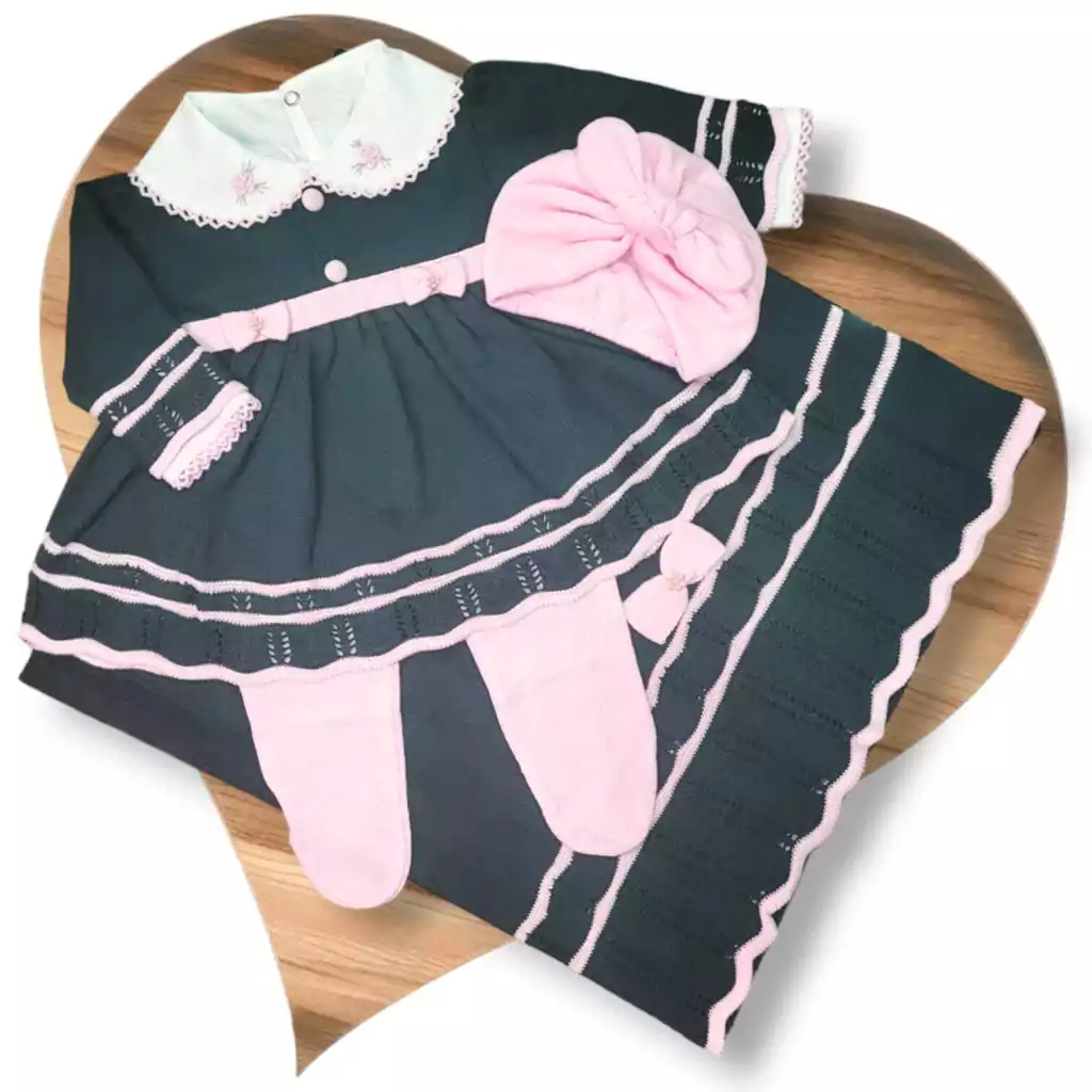 Saída Maternidade Vestido Tricô Bebê Laço Marinho/Rosa