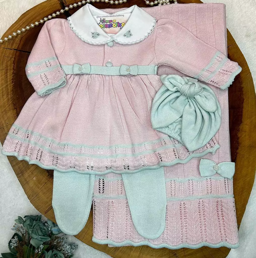 Saída Maternidade Vestido Tricô Bebê Laço Perolas Rosa Verde