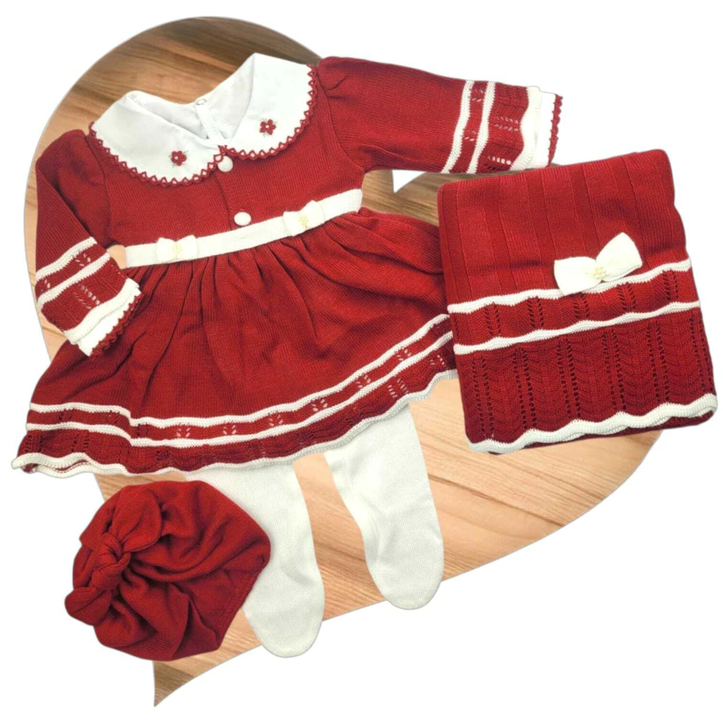 Saída Maternidade Vestido Tricô Bebê Laço Vermelho/Branco