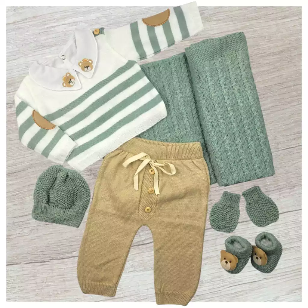 SAÍDA MATERNIDADE CONJUNTO TRICÔ COTUVELEIRA VERDE KIT5