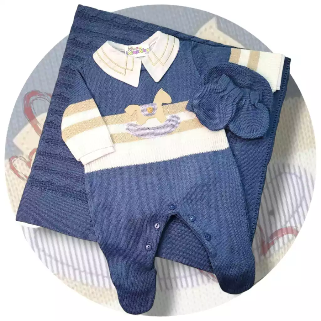 Saída Maternidade Tricô cavalinho azul