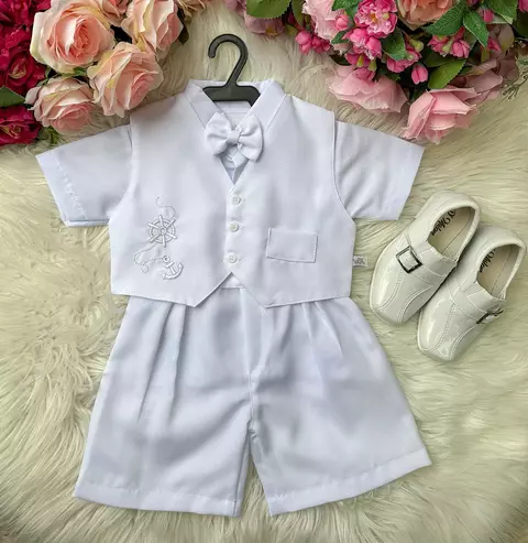 Conjunto Bebê Menino Short e Colete Branco Batizado Bordado Âncora