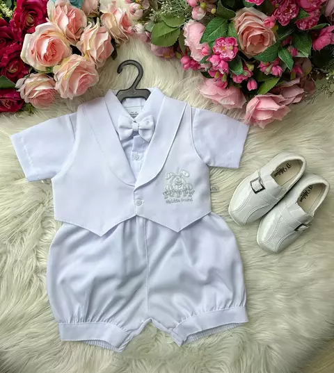 Conjunto Bebê Menino Short e Colete Branco Batizado Bordado Cachorrinho