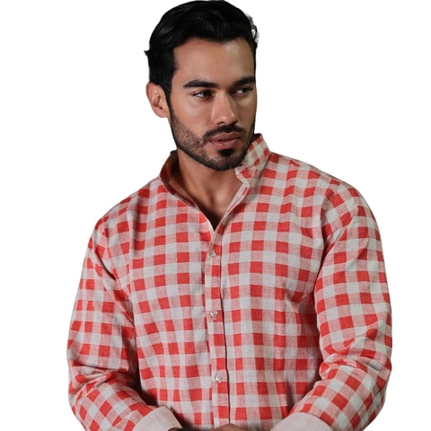 Camisa masculina em linho xadres gola Padre