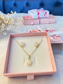 Conjunto coração pedra natural Quartzo