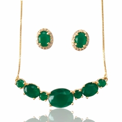 Conjunto Colar e Brinco Cristal Esmeralda e Zircônia Banhado Ouro