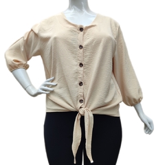 Blusa Plus Size com Botões Amarrar Cintura