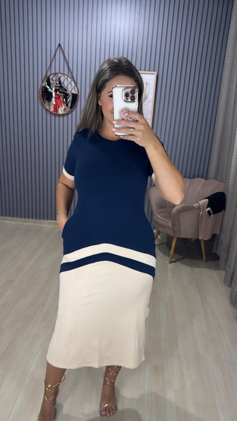 VESTIDO MIDI MOLETINHO AZUL MARINHO