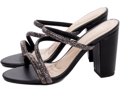 Tamanco Salto Grosso 8,5 cm - Elegância em Cada Passo com Strass Grafite - Preto