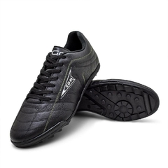 Chuteira EGM Masculina Em Couro Soccer Big Society Preta e Verde Limao