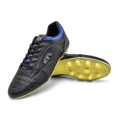 Chuteira EGM Masculina em Couro Flex Big Trava Fixa Preta e Azul - loja online