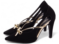 Scarpin Preto - 9 cm - Laço Metalizado Ouro Light na internet