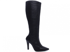 Bota Feminina Bico Fino Cano Alto - Elegância e Altura com Salto Fino de 10cm em Napa Croco Preto