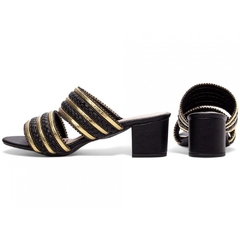 Sandália Tamanco Preto e Dourado - Salto 5 cm - Antiderrapante - Calcadospravc | Loja de Calçados