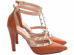Sapato Scarpin Elegante - Salto 9cm em Cone - Caramelo e Bege - Calcadospravc | Loja de Calçados