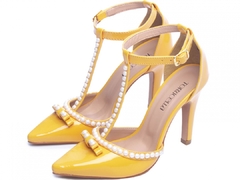 Scarpin Luxo e Glamour – Salto Fino 9cm - Detalhe Pérolas em ABS Amarelo na internet