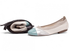 Sapatilha Maria Mole Bag Shoes - Conforto e Praticidade em Verniz Azul, Napa Off White e Metalizado Prata
