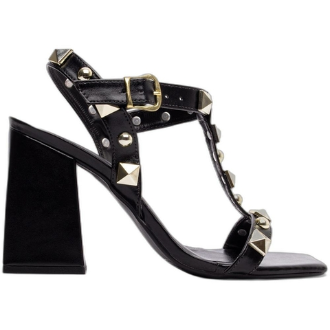 Sandália Feminina Preta - 9 cm - Apliques Dourados