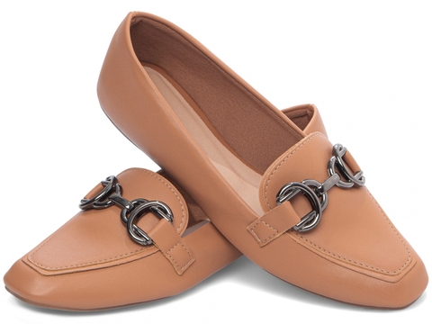Essência Clássica com Conforto Atemporal – Sapatilha Mocassim Feminina Caramelo com Bridão Grafite