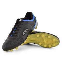Chuteira EGM Masculina em Couro Flex Trava Fixa Preta e Azul - comprar online