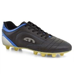 Imagem do Chuteira EGM Masculina em Couro Flex Trava Fixa Preta e Azul