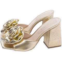 Sandália Tamanco Feminino Dourada - 9 cm - Flor de Napa - loja online