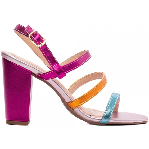 Sandália Colorida com Salto Grosso 8,5cm - Detalhes Dourados - comprar online
