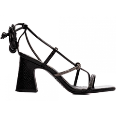 Sandália Salto Grosso 7,5 cm - Strass Prata e Cordão Preto - Coleção Inovadora - comprar online