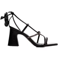 Sandália Salto Grosso 7,5 cm - Strass Prata e Cordão Preto - Coleção Inovadora - comprar online