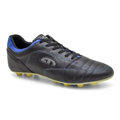 Chuteira EGM Masculina em Couro Flex Big Trava Fixa Preta e Azul