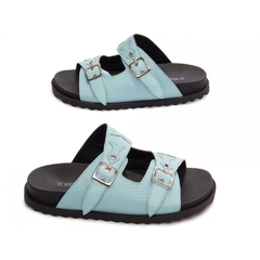 Sandália Papete Verão Glamour - Azul com Fivelas Prateadas