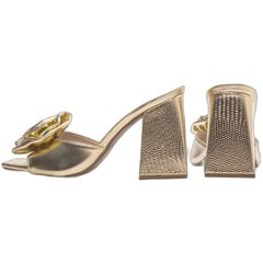 Sandália Tamanco Feminino Dourada - 9 cm - Flor de Napa - Calcadospravc | Loja de Calçados