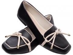 Elegância e Conforto em Harmonia - Mocassim Feminino Rasteiro com Laço - Napa Off White e Preto na internet