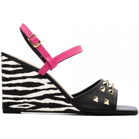 Sofisticação e Conforto em Cada Passo - Sandália Feminina Anabela Plataforma com Salto de 9cm Preto com Rosa - comprar online