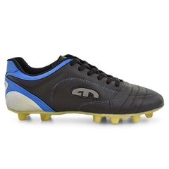 Chuteira EGM Masculina em Couro Flex Trava Fixa Preta e Azul