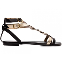 Sandália Rasteira Trançada em Napa Metalizado Dourado e Preto - Conforto e Estilo - comprar online