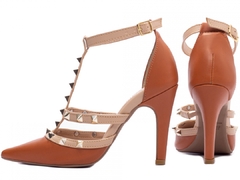 Sapato Scarpin Elegante - Salto 9cm em Cone - Caramelo e Bege - comprar online